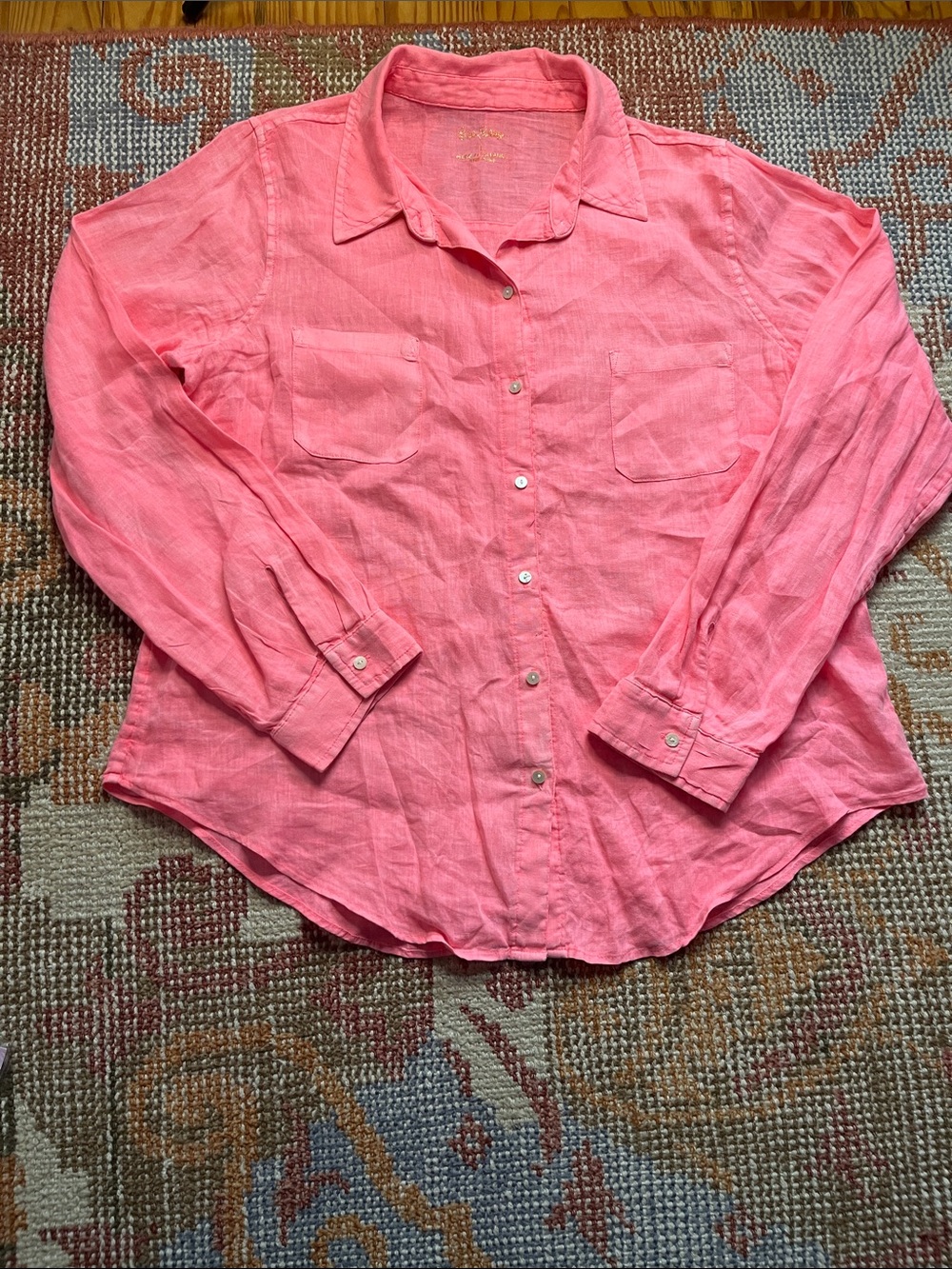 Lilly Pulitzer Sea View Linen Button Down Shirt Pink Long Sleeve L